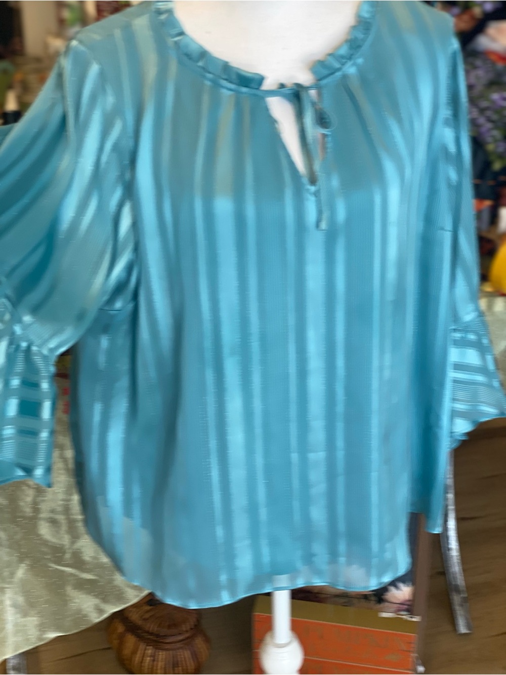 LC Lauren Conrad Teal Satin Stripe Tie-Neck Tunic